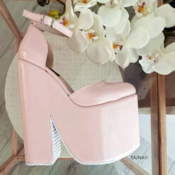 Powder Pink Ankle Strap High Heel Wedges -Tajna Shoes powder pink bridal wedding high heel wedge shoes 3