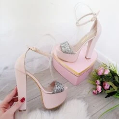 Powder Pink With Silver Shimmer Ankle Strap Platform Sandals