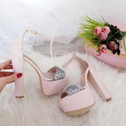 Powder Pink With Silver Shimmer Ankle Strap Platform Sandals -Tajna Shoes powder pink high heel platform shoes 3