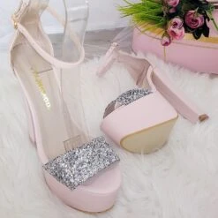 Powder Pink With Silver Shimmer Ankle Strap Platform Sandals -Tajna Shoes powder pink high heel platform shoes 4