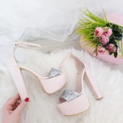 Powder Pink With Silver Shimmer Ankle Strap Platform Sandals -Tajna Shoes powder pink high heel platform shoes 6
