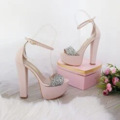 Powder Pink With Silver Shimmer Ankle Strap Platform Sandals -Tajna Shoes powder pink high heel platform shoes 7