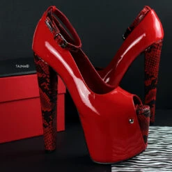 Genuine Leather Red Snake Detail Chunky Heels