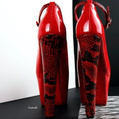 Genuine Leather Red Snake Detail Chunky Heels -Tajna Shoes real leather red snake patent gloss high heel shoes 3