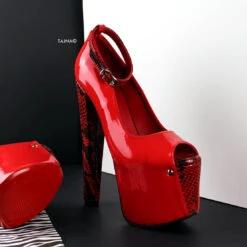 Genuine Leather Red Snake Detail Chunky Heels -Tajna Shoes real leather red snake patent gloss high heel shoes 4