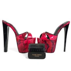 Vegan Red Black Half Gloss High Heel Platform Mules 10 Vegan Red Black Half Gloss High Heel Platform Mules -Tajna Shoes red black snake gloss high heel platform slide mules tajna club shoes 1