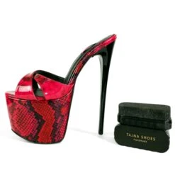Vegan Red Black Half Gloss High Heel Platform Mules 11 Vegan Red Black Half Gloss High Heel Platform Mules -Tajna Shoes red black snake gloss high heel platform slide mules tajna club shoes 2