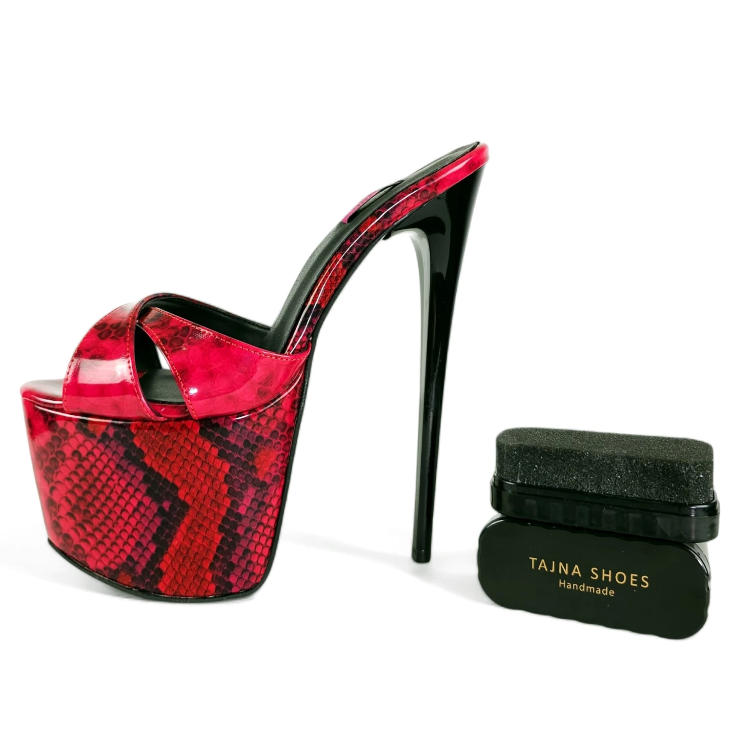 Vegan Red Black Half Gloss High Heel Platform Mules 4 Vegan Red Black Half Gloss High Heel Platform Mules - Image 4