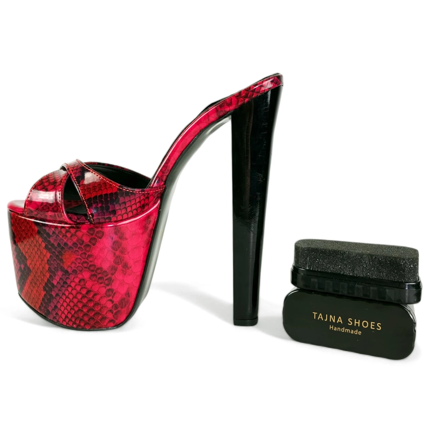 Vegan Red Black Half Gloss High Heel Platform Mules 5 Vegan Red Black Half Gloss High Heel Platform Mules - Image 5