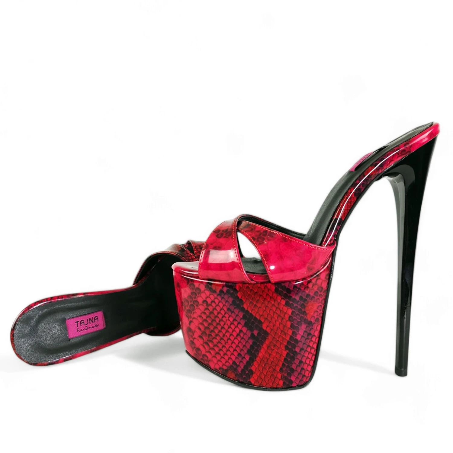 Vegan Red Black Half Gloss High Heel Platform Mules 6 Vegan Red Black Half Gloss High Heel Platform Mules - Image 6