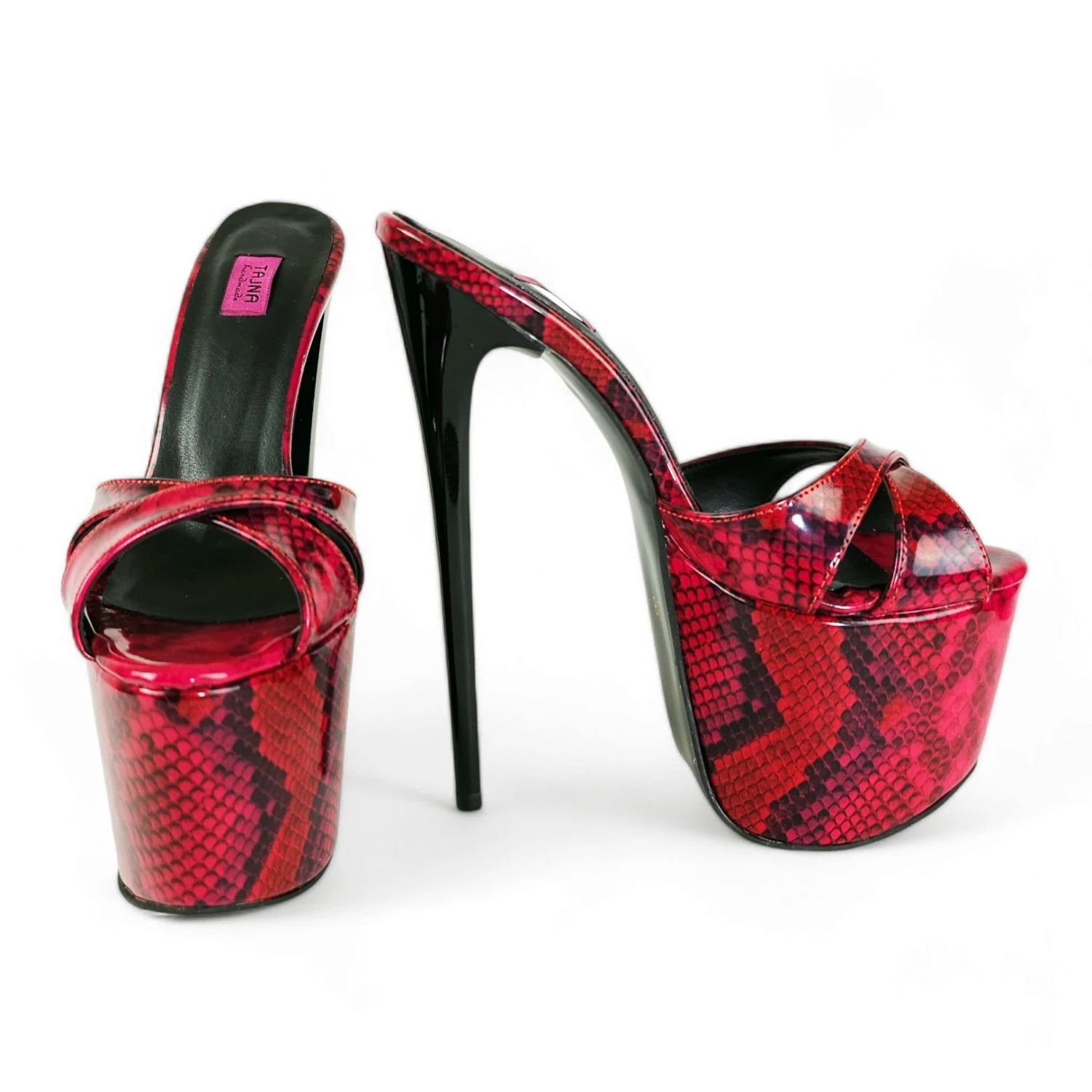 Vegan Red Black Half Gloss High Heel Platform Mules 2 Vegan Red Black Half Gloss High Heel Platform Mules - Image 2