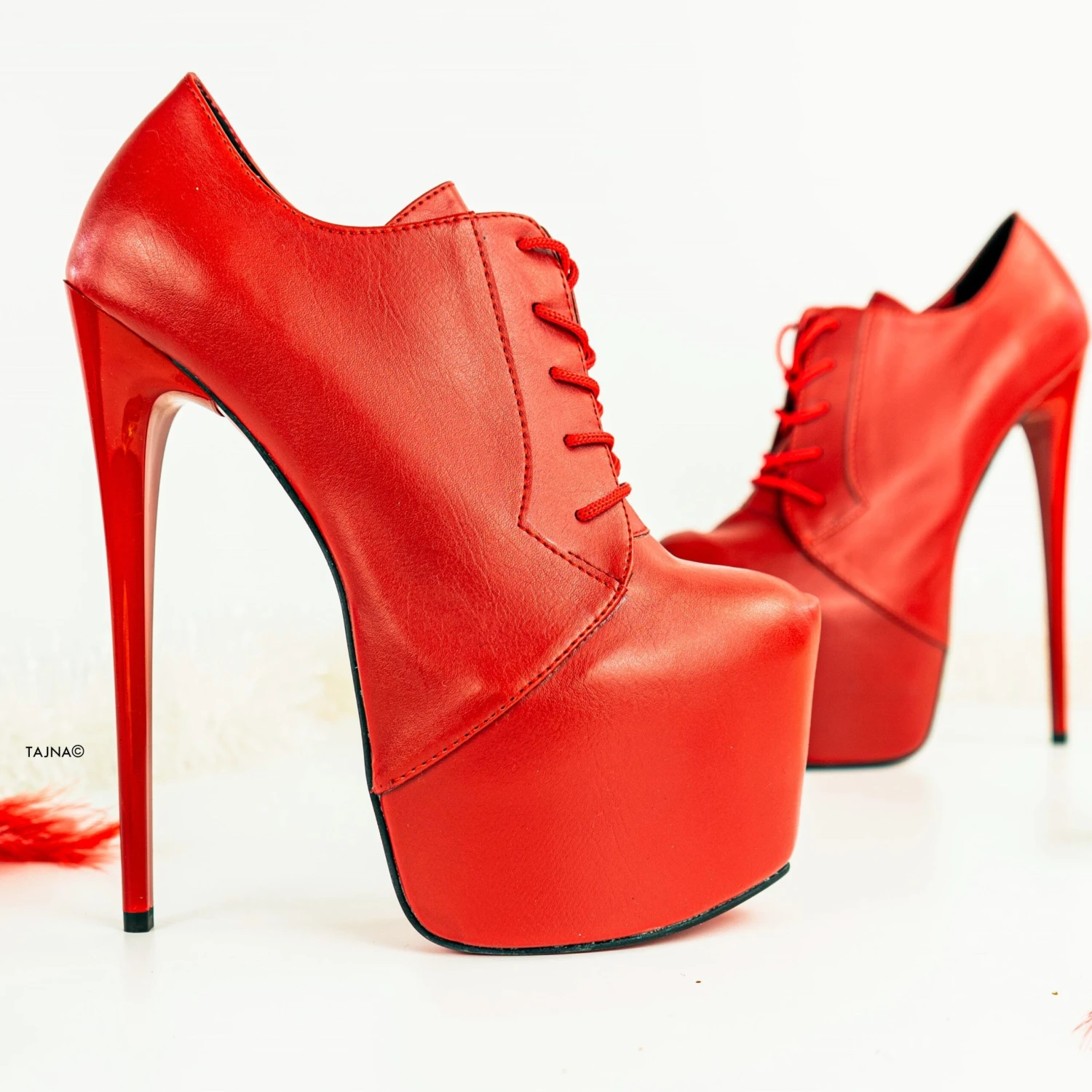 Red Genuine Leather Oxford High Heels 3 Red Genuine Leather Oxford High Heels - Image 3