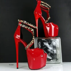 Red Patent Leopard Detail High Heels -Tajna Shoes red gloss 7 8 inches high heel shoes 19 cm ankle strap patent leather tajna club 1
