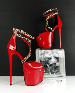 Red Patent Leopard Detail High Heels -Tajna Shoes red gloss 7 8 inches high heel shoes 19 cm ankle strap patent leather tajna club 2