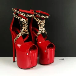 Red Patent Leopard Detail High Heels -Tajna Shoes red gloss 7 8 inches high heel shoes 19 cm ankle strap patent leather tajna club 3