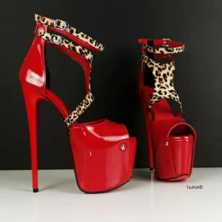 Red Patent Leopard Detail High Heels -Tajna Shoes red gloss 7 8 inches high heel shoes 19 cm ankle strap patent leather tajna club 4