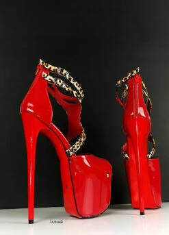 Red Patent Leopard Detail High Heels -Tajna Shoes red gloss 7 8 inches high heel shoes 19 cm ankle strap patent leather tajna club 5