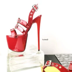 Red Triple Belted High Heel Sandals -Tajna Shoes red gloss extreme high heel sandal mules belted 8