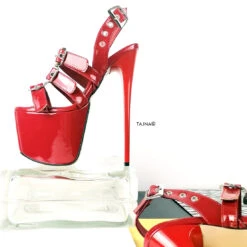 Red Triple Belted High Heel Sandals -Tajna Shoes red gloss extreme high heel sandal mules belted 9