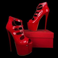 Red Gloss Cage Detail High Heel Platforms -Tajna Shoes red gloss high heel platform tajna club shoes