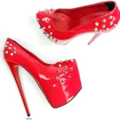 Red Gloss Spike Studded High Heels