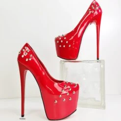 Red Gloss Spike Studded High Heels -Tajna Shoes red gloss spike studs fetish high heels tajna club 2