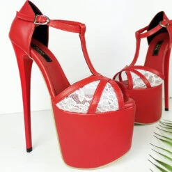 Red Lace Peep Toe Ankle Heels
