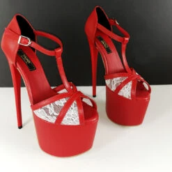 Red Lace Peep Toe Ankle Heels 23 Red Lace Peep Toe Ankle Heels -Tajna Shoes red white lace high heel platform shoes 4