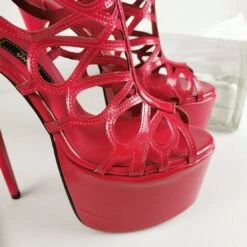 Red Patent Laser Cage Ankle Heels -Tajna Shoes red patent high heel platform shoes 3