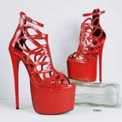 Red Patent Laser Cage Ankle Heels