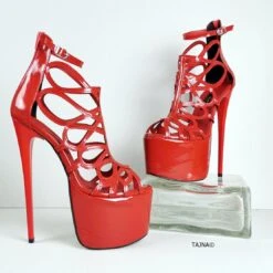 Red Patent Laser Cage Ankle Heels -Tajna Shoes red patent high heel platform shoes 5