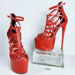 Red Patent Laser Cage Ankle Heels -Tajna Shoes red patent high heel platform shoes 6