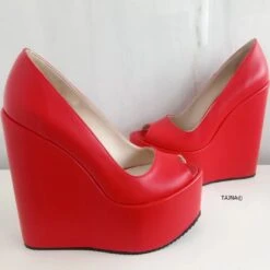 Red Peep Toe High Heel Wedges