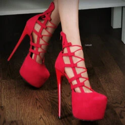 Red Suede Bondage Side Lace Heels -Tajna Shoes redsuedehighheel19cmshoes 1