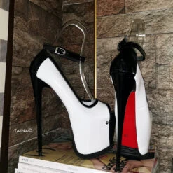 Serrated Sole White Black Ankle Strap Heels -Tajna Shoes serrated sole high heel ankle strap peep toe 7 inches shoes 2