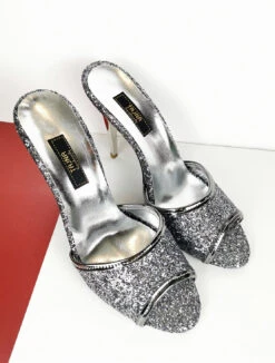 Silver Glitter Touch High Heel Mules -Tajna Shoes silver glitter high heel mules 5