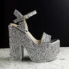 Silver Glass Glitter Platform Wedge Sandals