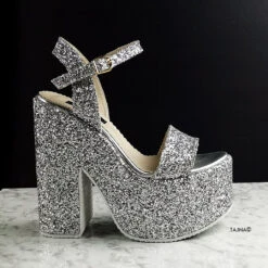 Silver Glass Glitter Platform Wedge Sandals
