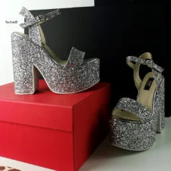 Silver Glass Glitter Platform Wedge Sandals -Tajna Shoes silver glitter high heel wedges 3