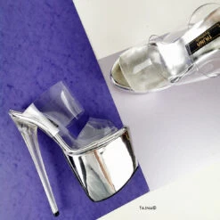 Silver Mirror Transparent Strap Clear Heel Mules -Tajna Shoes silver mirror clear high heel mules tajna club 4