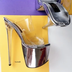 Silver Mirror Transparent Strap Clear Heel Mules -Tajna Shoes silver transparent clear straps extreme high heel mules 1
