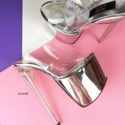 Silver Mirror Transparent Strap Clear Heel Mules -Tajna Shoes silver transparent clear straps extreme high heel mules 2