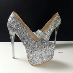 Silver Glitter Transparent Heel Pumps