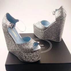 Silver Shiny Transparent Strap High Heel Wedge Shoes -Tajna Shoes silver glitter wedges 4