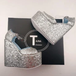 Silver Shiny Transparent Strap High Heel Wedge Shoes -Tajna Shoes silver glitter wedges 5