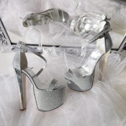 Ankle Strap Silver Shimmer 19 Cm High Heel Platform Shoes -Tajna Shoes silver platform shoes 5