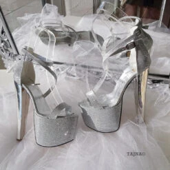 Ankle Strap Silver Shimmer 19 Cm High Heel Platform Shoes -Tajna Shoes silver platform shoes 6