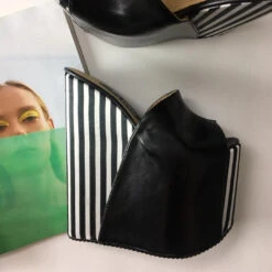 White Black Stripe Peep Toe Wedge Mules