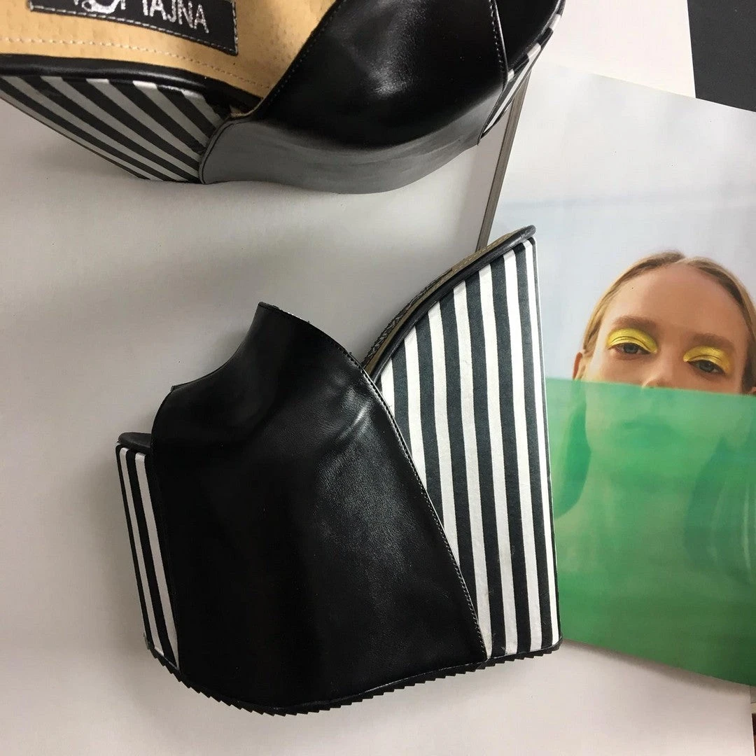 White Black Stripe Peep Toe Wedge Mules 2 White Black Stripe Peep Toe Wedge Mules - Image 2