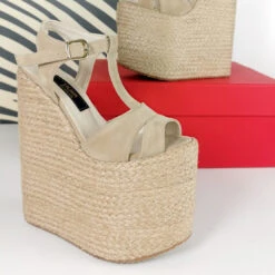 Espadril Beige Platform Wedge Sandals